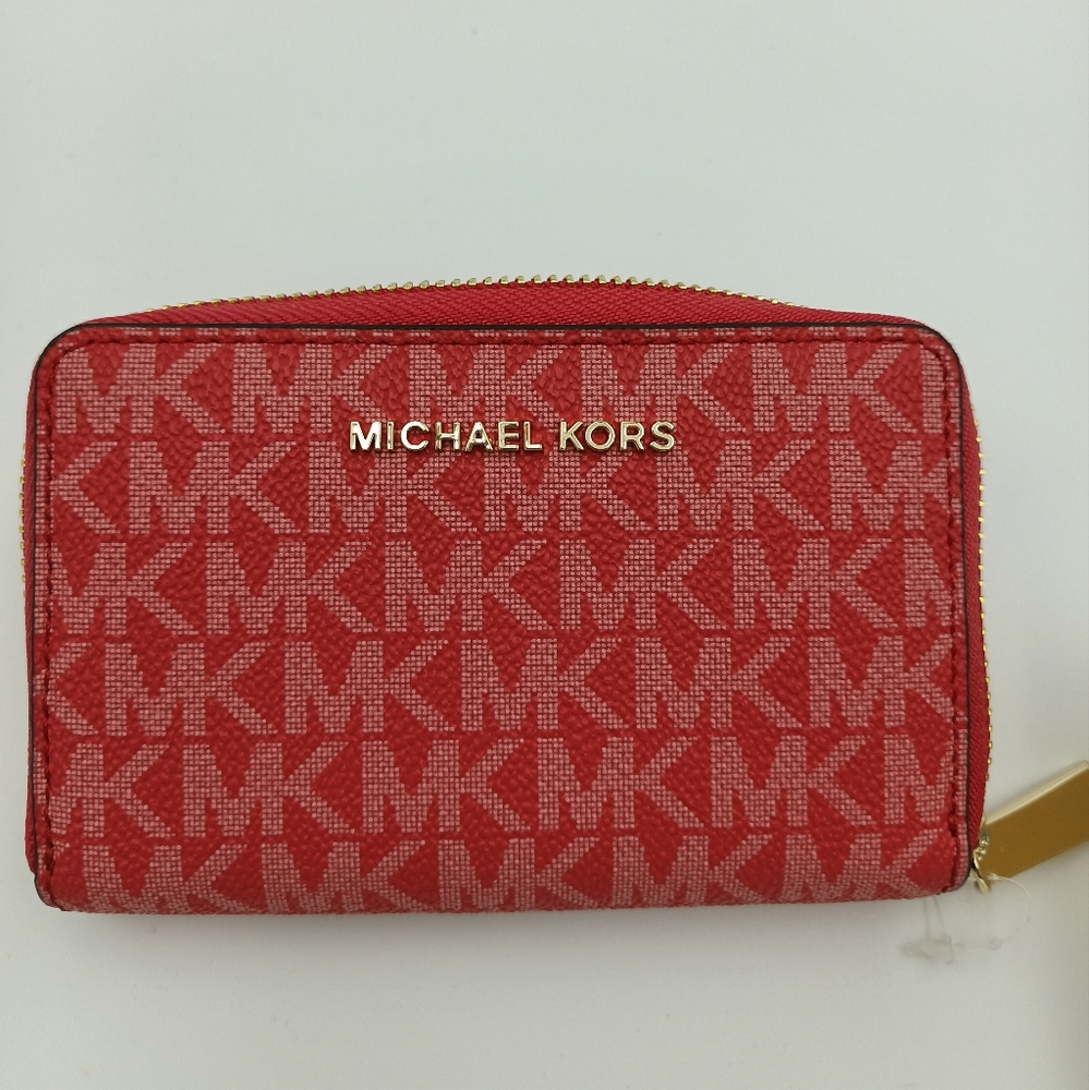 NWT Michael Kors Womens Leather Jet Set Small Zip Around Card Case Geranium